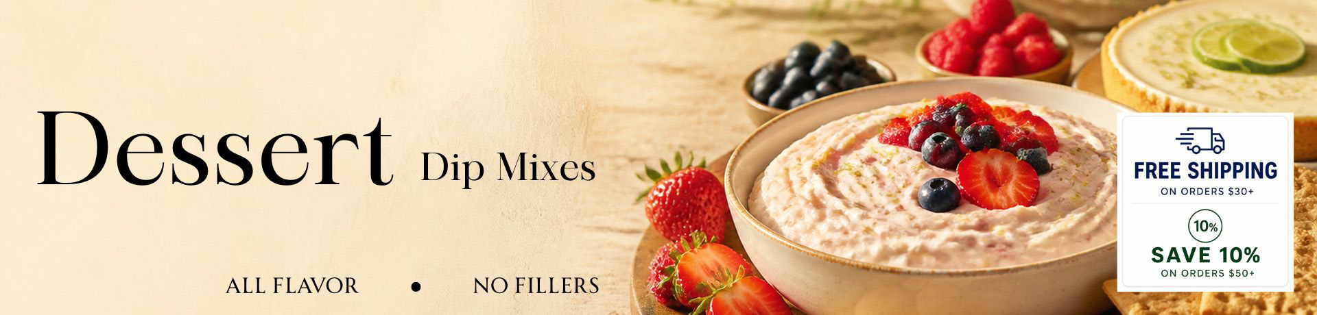 Gourmet Farms Dessert Dips in bowls with fruit and pie