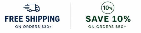 free shipping on orders over 30 and 10% off 50 or more