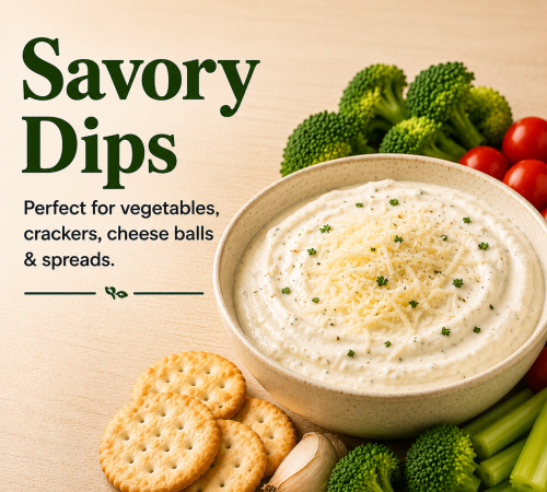 Savory dip Mix in bowl with veggies and crackers 