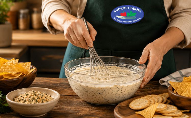 Person preparing Gourmet Farms dip mix in a bowl