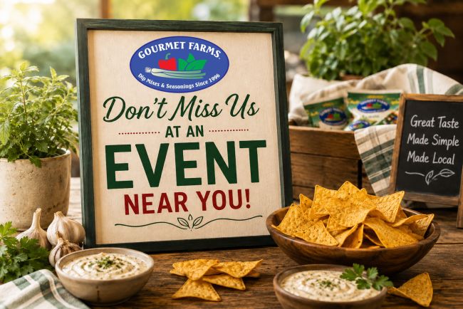 Gourmet Farms event sign with chips and dip 